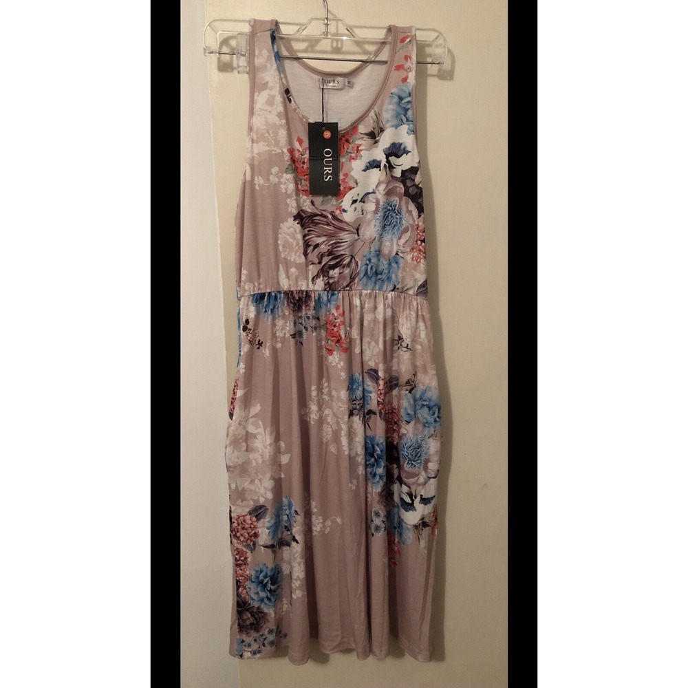 OURS BRAND WOMEN'S TANK DRESS Medium Tan FLORAL SLEEVELESS SUNDRESS